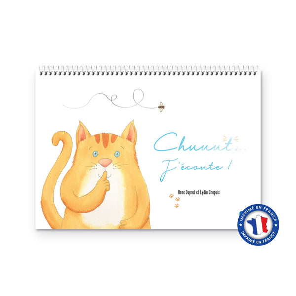 Couverture de l’album à spirale Chuuut… J’écoute ! : un chat roux, le doigt sur la bouche