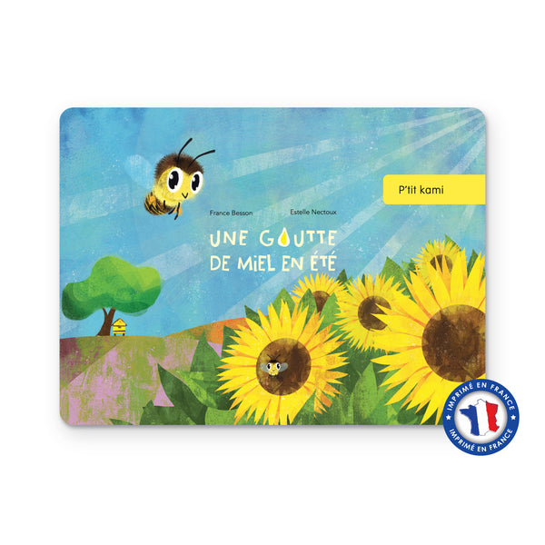Couverture du kamishibaï Une goutte de miel en été : une abeille au-dessus des tournesols