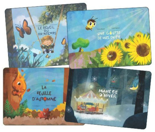 Les couvertures des quatre kamishibaïs des saisons : Le Réveil du printemps, Une goutte de miel en été, La Feuille d’automne et Manège d’hiver