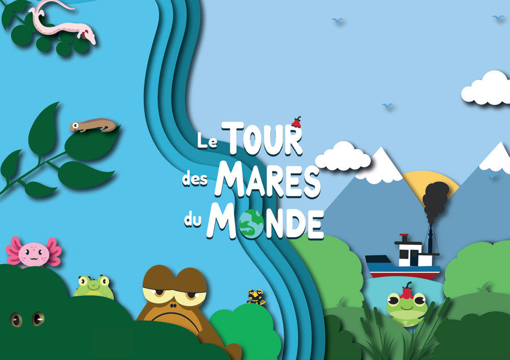 Illustration de couverture du Tour des mares du monde : grenouilles, rivière et montagnes en papier découpé