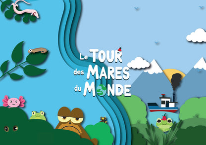 Illustration de couverture du Tour des mares du monde : grenouilles, rivière et montagnes en papier découpé