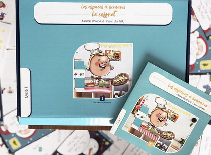 Photo du coffret turquoise Les espaces à scénario, tome 1, posé sur son matériel